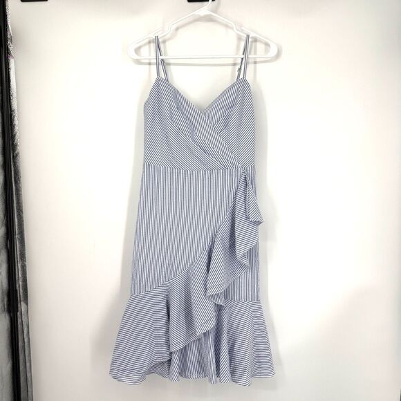 J. Crew Dresses & Skirts - J Crew Seersucker Dress Coastal Nautical Preppy Blue White Faux Wrap Women Sz 4